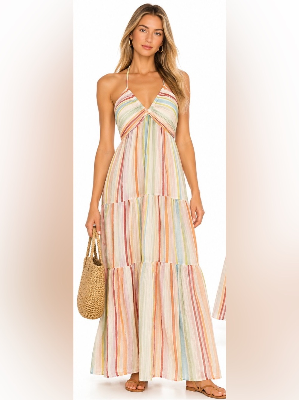 American Eagle Multicolor Striped Halter Maxi Dress Tiered Open Back S/P